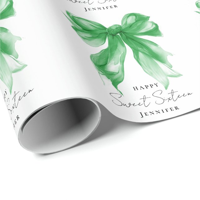 Green Bow Coquette Script Sweet 16 Party  Wrapping Paper (Roll Corner)