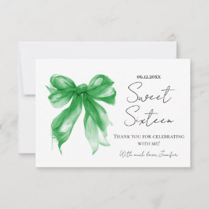 Green Bow Coquette Script Sweet 16 Thank You  Card