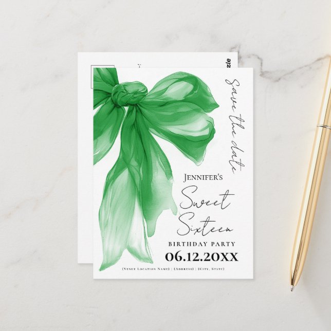 Green Bow Coquette Sweet 16 Save the Date  Postcard (Front/Back In Situ)