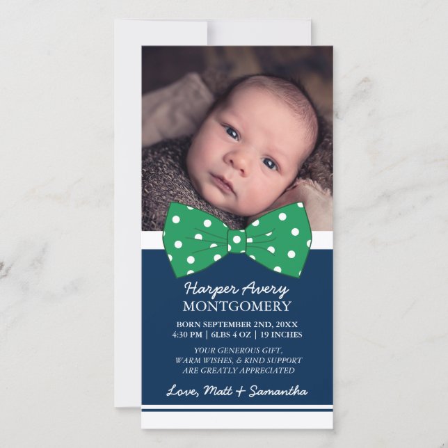 Green Bow Custom Photo Baby Shower Thank You Card (Front)