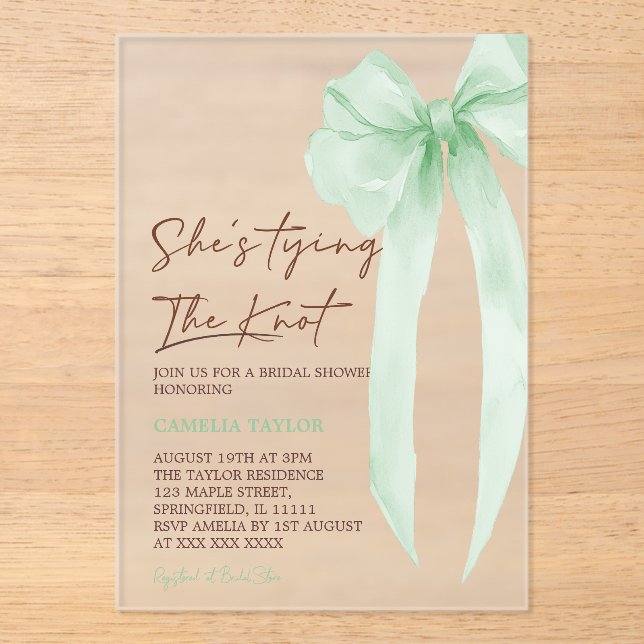 Green Bow Elegant Bridal Shower Acrylic Invitations (Front)