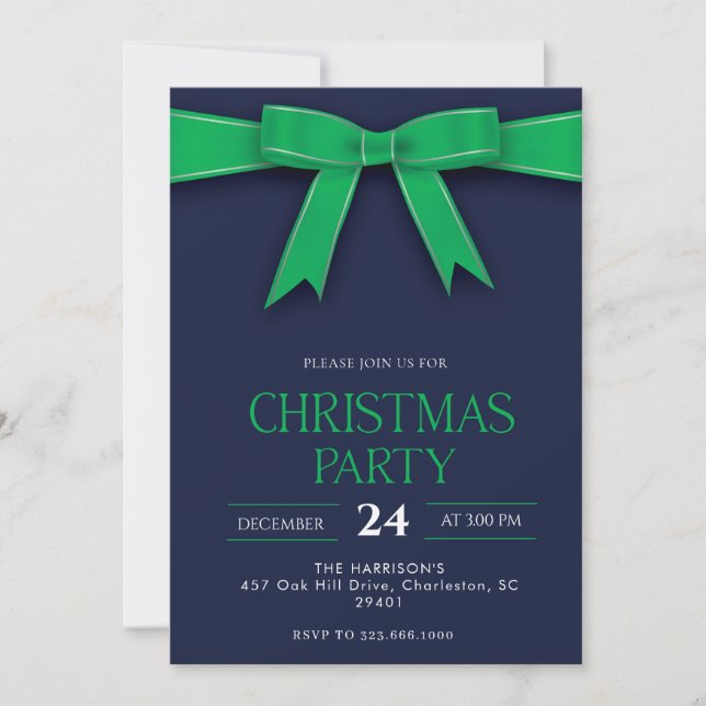 Green Bow Holiday Christmas Dinner Invitation (Front)