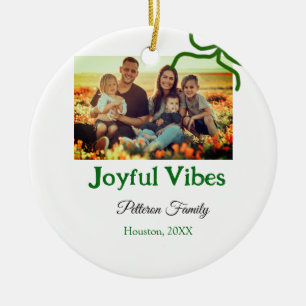 Green bow joyful Vibes add family photo name Ceramic Tree Decoration