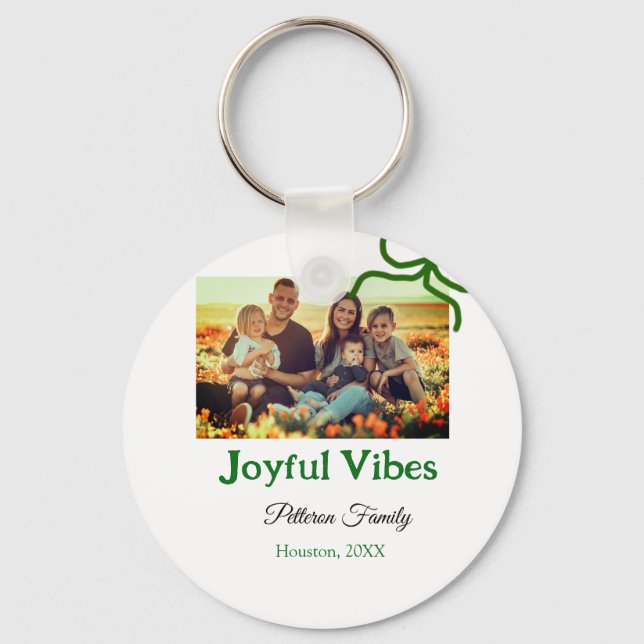 Green bow joyful Vibes add family photo name  Key Ring (Front)