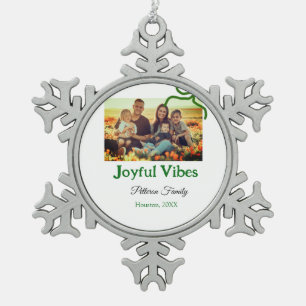 Green bow joyful Vibes add family photo name Snowflake Pewter Christmas Ornament