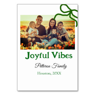 Green bow joyful Vibes add family photo name Table Number