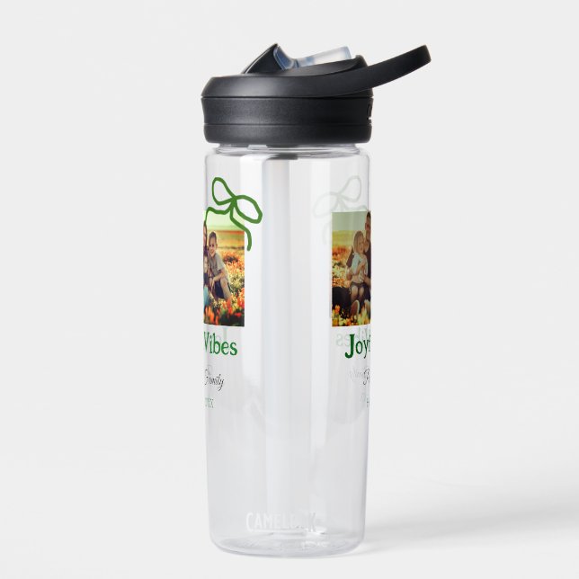 Green bow joyful Vibes add family photo name  Water Bottle (Left)
