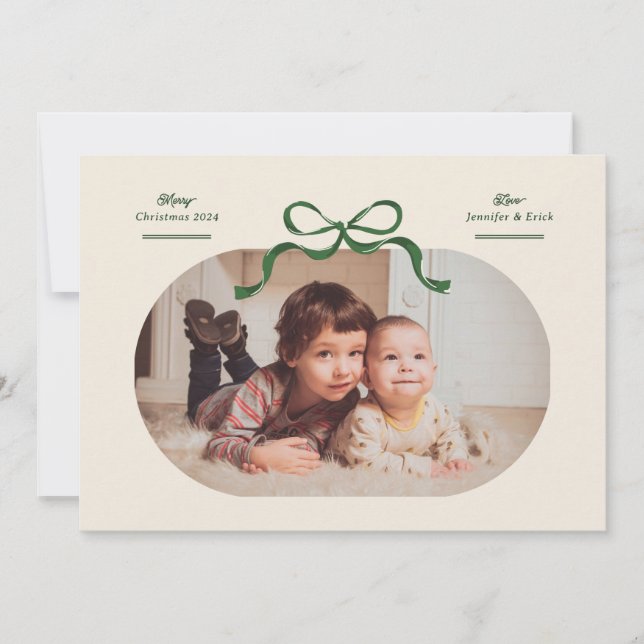 Green Bow Merriest Christmas Oval Photo Flat Holiday Card (Front)