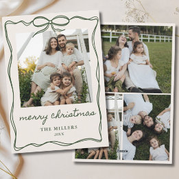 Green Bow Merry Christmas 4 Photo Family Holiday Card
