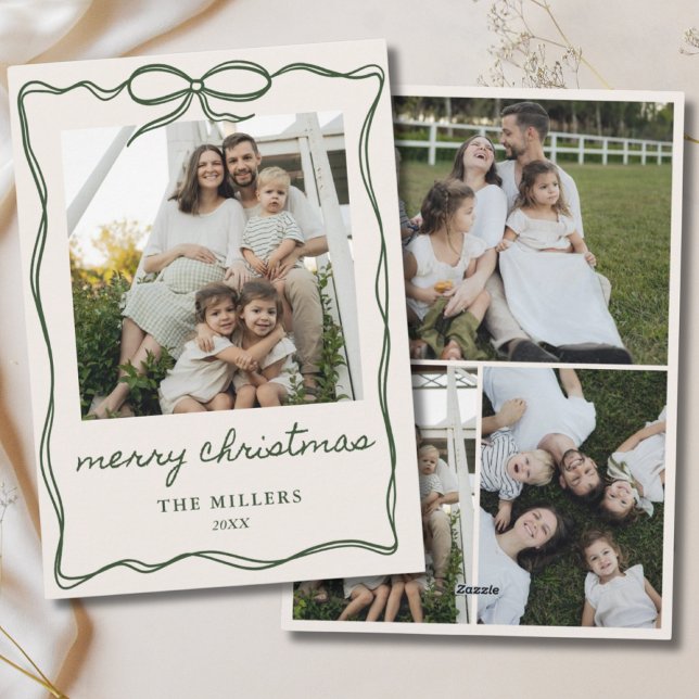Green Bow Merry Christmas 4 Photo Family Holiday Card (Green Bow Merry Christmas 4 Photo Family Holiday Card)
