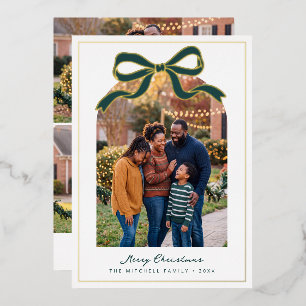 Green Bow Merry Christmas Arched Family Photo Foil Holiday Card
