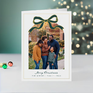 Green Bow Merry Christmas Family Photo Foil Holiday Card
