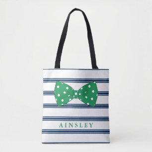 Green Bow & Navy Stripes   Custom Name Tote Bag