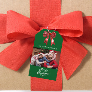 Green bow photo script Christmas Gift Tags