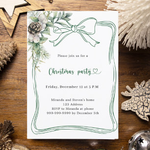 Green bow pine greenery doodle Christmas Party Invitation