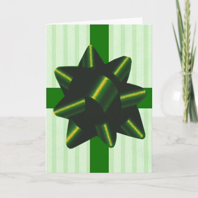 Green Bow Present Holiday Greeting Card (Front)