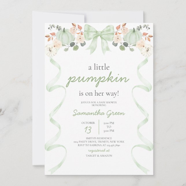 Green Bow Pumpkin Baby Shower Invitation (Front)