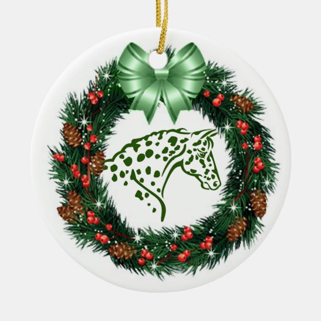 GREEN BOW RED & GREEN APPALOOSA CERAMIC TREE DECORATION (Front)