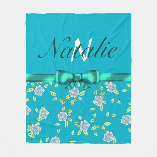 Green Bow Ribbon and Blue Roses Monogram Fleece Blanket (Front)