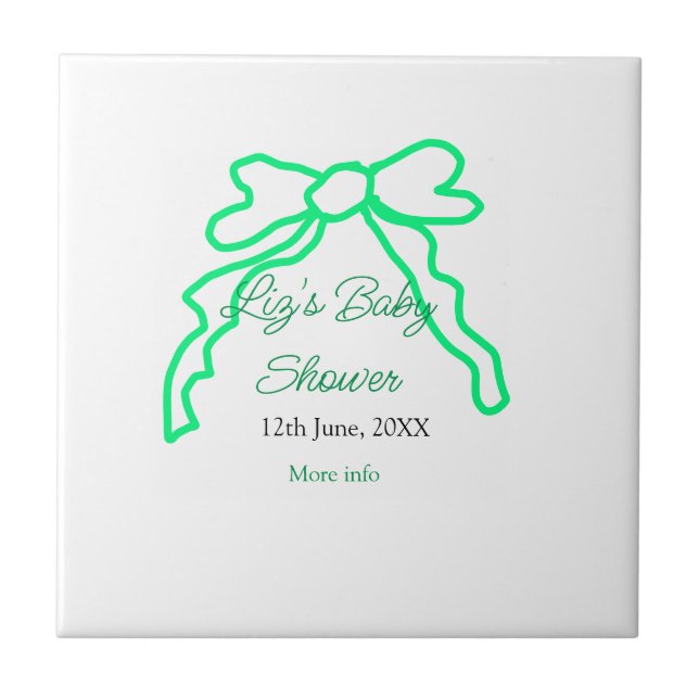 Green bow scribble baby shower add name date moder tile (Front)