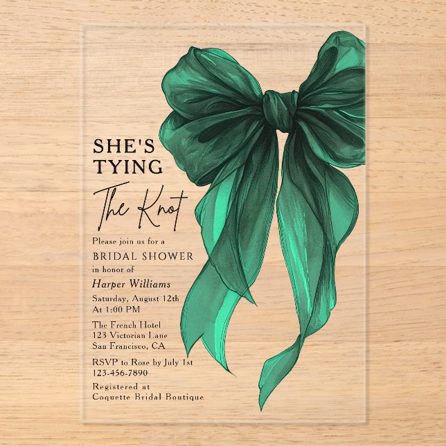 Green Bow She's Tying The Knot Bridal Shower Acrylic Invitations (Front)