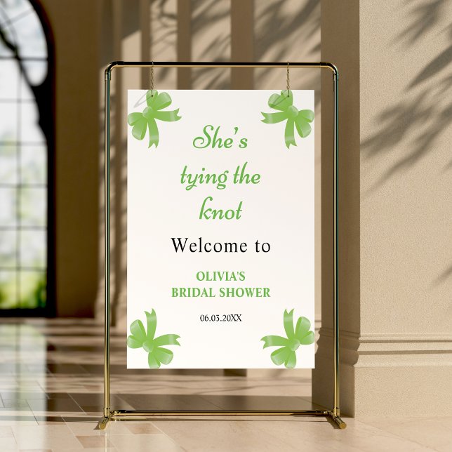 Green Bow She's Tying The Knot Bridal Shower  Poster (Green Bow She's Tying The Knot Bridal Shower Welcome Sign )