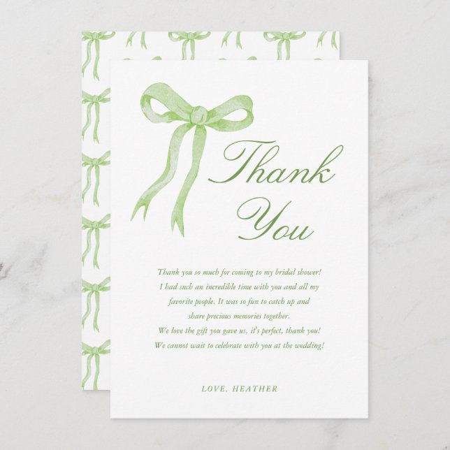 Green Bow She's Tying The Knot Bridal Shower Thank You Card (Front/Back)