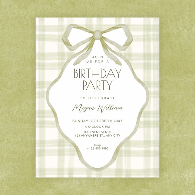 Green bow soft pastel birthday invitation (Creator Uploaded)