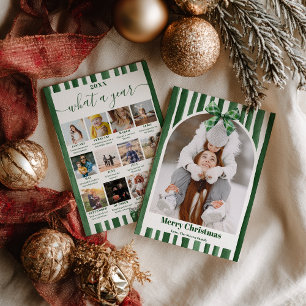 Green Bow Stripe Plaid Christmas Photo Year Review Holiday Card