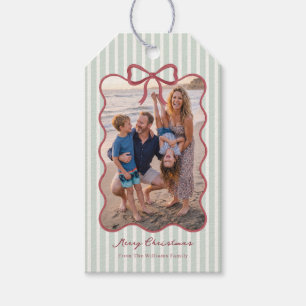 Green Bow Striped Christmas Photo Gift Tags