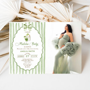 Green Bow Stripes Matcha Baby Shower Invitation