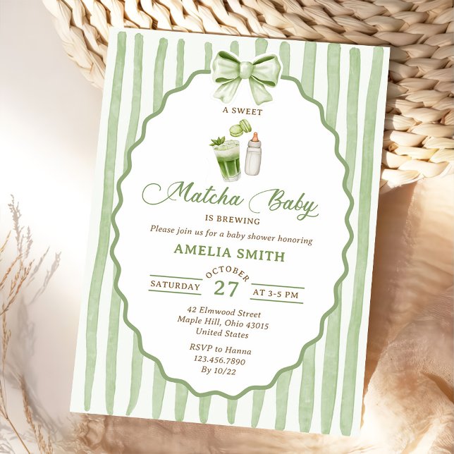 Green Bow Stripes Matcha Baby Shower Invitation (Creator Uploaded)