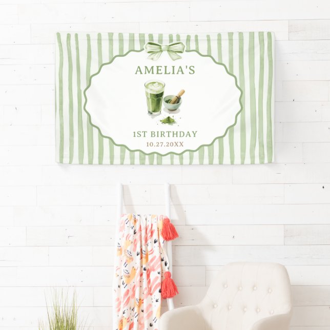 Green Bow Stripes Matcha Birthday Banner (Insitu)