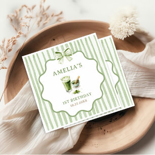Green Bow Stripes Matcha Birthday Napkin