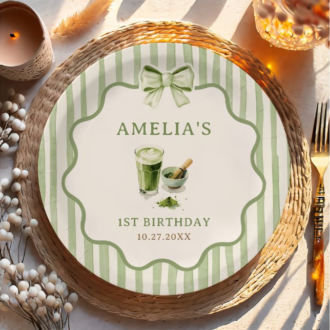 Green Bow Stripes Matcha Birthday Paper Plates (Creator Uploaded)