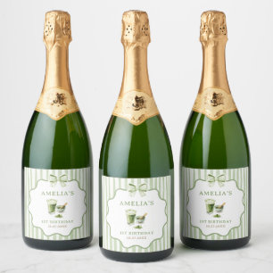 Green Bow Stripes Matcha Birthday Sparkling Wine Label