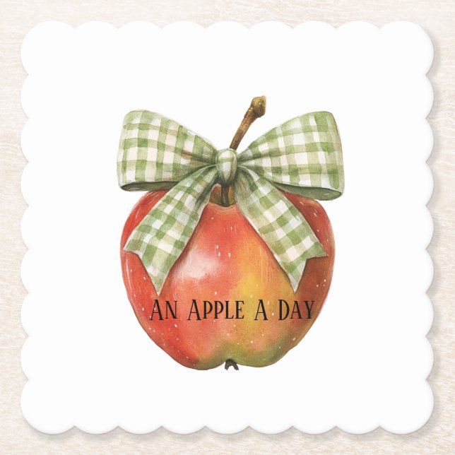 Green Bow Stripes Red Apples Paper Coaster (Front)