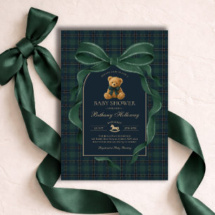 Green Bow Teddy Bear Polo Plaid Baby Shower Invitation
