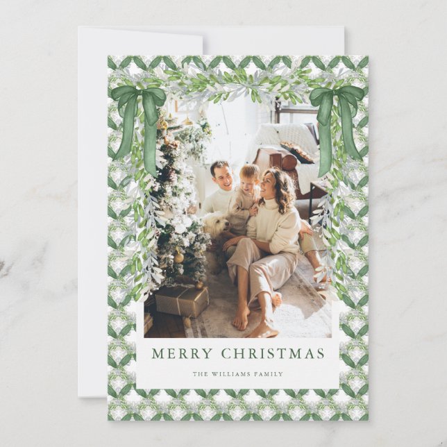 Green Bow Vintage Christmas Photo Holiday Card (Front)
