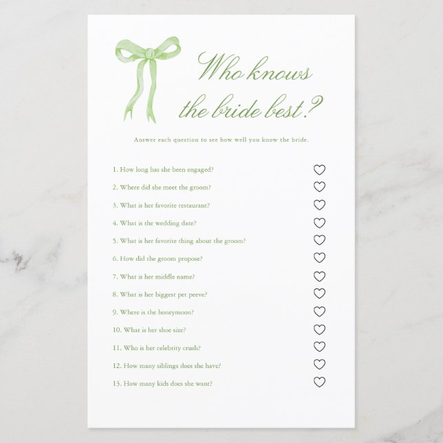 Green Bow Who Knows the Bride Best Bridal Game (Front)