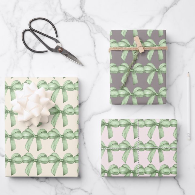 Green bows wrapping paper. Gift wrapping.  Paper Sheet (Front)
