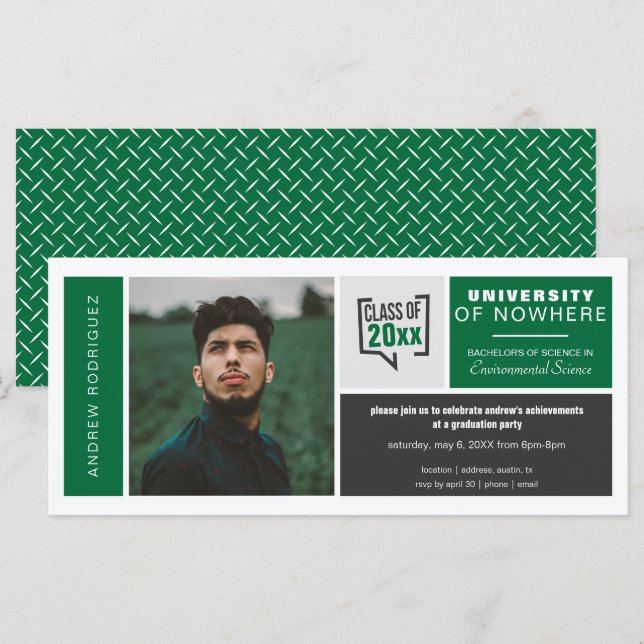 Green Boxes & Photo Wide Graduation Invitation (Front/Back)
