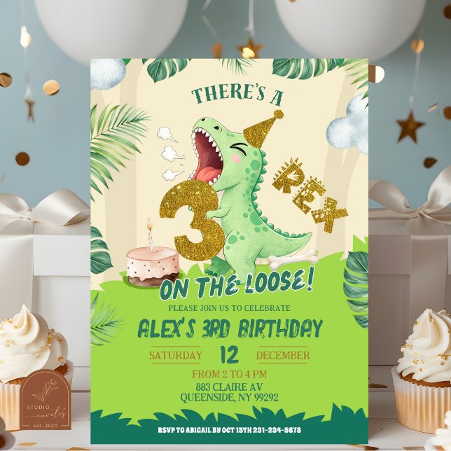Green Boy Dinosaur Theme 3-Rex Third Birthday Invitation (Creator Uploaded)