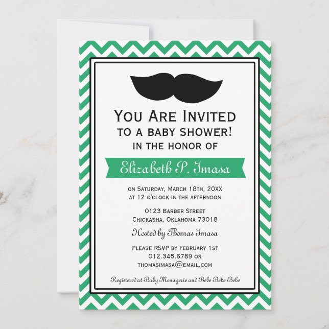 Green Boy Moustache Chevron Baby Shower Invitation (Front)