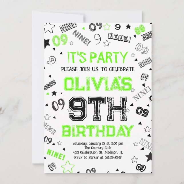 Green Boy Number Nine Birthday Party Invitation (Front)