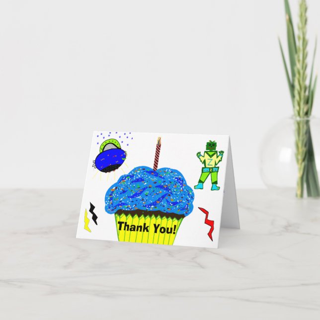 Green Boy Robot Blue Spaceship Cupcake Thank You (Front)