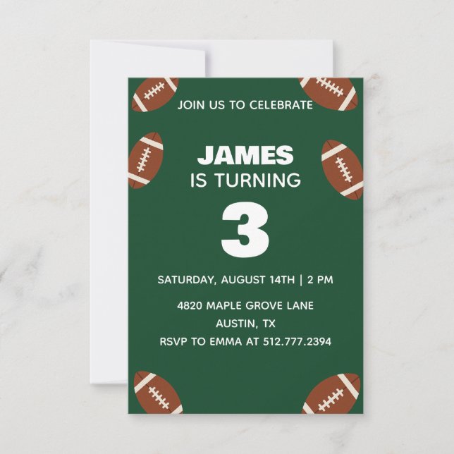 Green Boys Football Birthday for All Ages Invitation (Front)