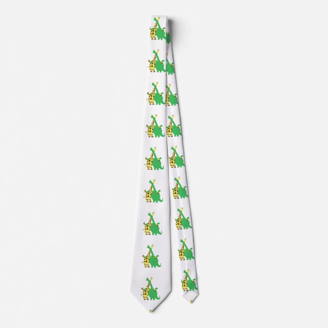 Green Brachiosaurus and giraffe hugs cartoon Tie (Front)