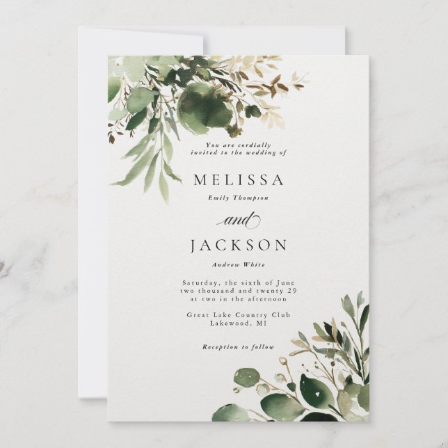 Green Branches and Cream Wedding Invitation (Front)