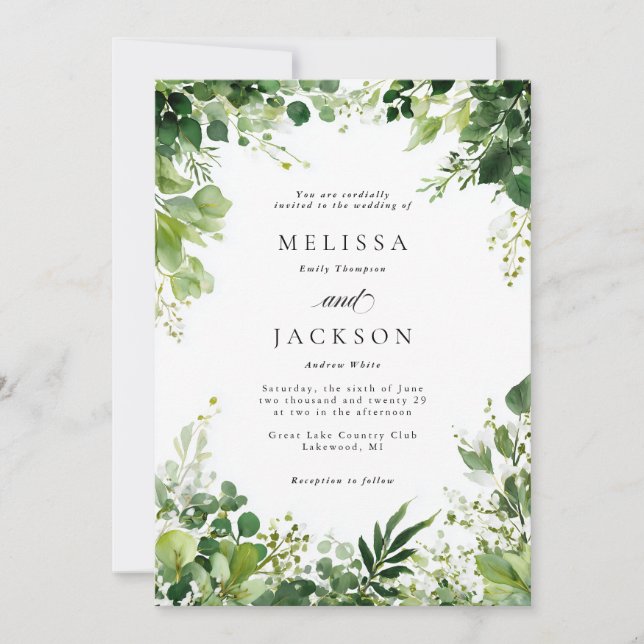 Green Branches Border Wedding Invitation (Front)